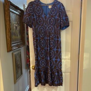 Blue with Brown Embroidered Dress for Wedding Guest